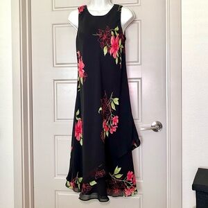 Vintage Floral Ruffle Black and Pink Dress